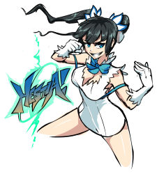 Rule 34 | 1girl, black hair, blue eyes, blue ribbon, bow, bowtie, breasts, character name, cleavage, cleavage cutout, clenched teeth, clothing cutout, commentary, cropped legs, dress, dungeon ni deai wo motomeru no wa machigatteiru darou ka, fighting stance, gloves, hestia (danmachi), highres, large breasts, long hair, open mouth, rei no himo, ribbon, short sleeves, simple background, teeth, triple-q, twintails, white background, white dress