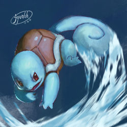 Rule 34 | blue background, blue theme, brown eyes, claws, commentary request, creature, creatures (company), fangs, full body, game freak, gen 1 pokemon, highres, jyunhh, nintendo, no humans, pokemon, pokemon (creature), signature, simple background, solo, squirtle, water