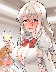 Rule 34 | 2girls, alcohol, blonde hair, blurry, blurry background, bow, bowtie, breasts, brown eyes, cleavage, clothing cutout, cup, drunk, furaggu (frag 0416), grey hair, highres, holding, holding cup, kantai collection, large breasts, long hair, long sleeves, multiple girls, orange hair, pola (kancolle), red bow, red bowtie, shirt, shoulder cutout, solo focus, wavy hair, white shirt, wine, zara (kancolle)