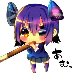 Rule 34 | 10s, 1girl, bad id, bad pixiv id, blush, brown eyes, chibi, chocolat (momoiro piano), eating, eyepatch, food, hair ornament, kantai collection, mini person, minigirl, personification, pocky, purple hair, purple thighhighs, shirt, simple background, skirt, solo, tenryuu (kancolle), thighhighs, white background, zettai ryouiki