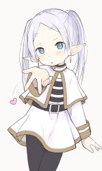 Rule 34 | 1girl, aged down, belt, black belt, black pantyhose, blowing kiss, blush, capelet, commentary request, cowboy shot, dress, drop earrings, earrings, elf, forehead, frieren, gold trim, green eyes, hand up, heart, highres, jewelry, long hair, looking at viewer, multicolored clothes, multicolored dress, nanoningen (anapoko), nostrils, open mouth, pantyhose, parted bangs, pointy ears, short dress, sidelocks, simple background, sleeve cuffs, solo, sousou no frieren, standing, striped clothes, striped dress, thick eyebrows, twintails, w, white background, white capelet, white dress, white hair