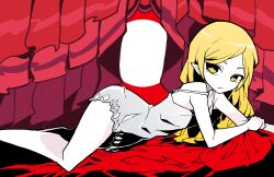 Rule 34 | 1girl, akableak, bare shoulders, blonde hair, breasts, dress, expressionless, flat chest, highres, kiss-shot acerola-orion heart-under-blade, kizumonogatari, long hair, looking at viewer, lying, monogatari (series), on stomach, oshino shinobu, red curtains, small breasts, solo, strap slip, white dress, yellow eyes