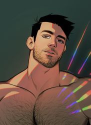 Rule 34 | 1boy, absurdres, artist name, bara, beard, black hair, brown eyes, chest hair, facial hair, highres, large pectorals, looking at viewer, male focus, manly, mature male, muscular, muscular male, original, parted lips, pectorals, seupil hyugo (spirohugo), short hair, sideburns, simple background, solo, thick eyebrows, topless male, upper body