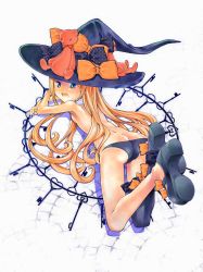 Rule 34 | 1girl, abigail williams (fate), abigail williams (second ascension) (fate), absurdres, ass, back, black bow, black footwear, black hat, black panties, black thighhighs, blonde hair, blue eyes, blush, bow, breasts, butt crack, charm (object), commentary request, fate/grand order, fate (series), from behind, frown, hat, hat bow, high heels, highres, key, kusano kouichi, legs up, long hair, looking at viewer, looking back, lying, mary janes, on stomach, open mouth, orange bow, panties, polka dot, polka dot bow, shoe soles, shoes, single thighhigh, small breasts, solo, stuffed animal, stuffed toy, teddy bear, thighhighs, topless, underwear, witch hat