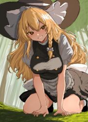 Rule 34 | 1girl, absurdres, apron, black footwear, black hat, black skirt, black vest, blonde hair, bow, braid, buttons, forest, forest of magic, frilled skirt, frills, grass, hair bow, hat, hat bow, highres, kirisame marisa, long hair, moriforest1040, nature, outdoors, puffy short sleeves, puffy sleeves, shirt, short sleeves, side braid, single braid, skirt, skirt set, socks, solo, thighs, touhou, turtleneck, very long hair, vest, waist apron, white apron, white bow, white shirt, white socks, witch, witch hat, yellow eyes