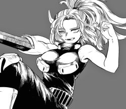 Rule 34 | 1girl, boku no hero academia, female focus, gun, high ponytail, iyoka, lady nagant, long hair, monochrome, multicolored hair, one eye closed, ponytail, solo, solo focus, tongue, tongue out, two-tone hair, weapon, wink