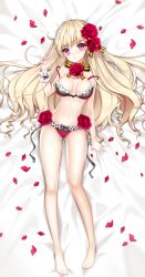 Rule 34 | 1girl, :o, absurdres, bad id, bad pixiv id, bare legs, barefoot, bed sheet, blonde hair, blush, bra, breasts, cinia pacifica, cleavage, dakimakura (medium), drill hair, flower, highres, lingerie, long hair, lying, nail polish, navel, neck ribbon, off shoulder, on back, panties, petals, pink eyes, primcoco, red bra, red panties, ribbon, rose, rose petals, sheet grab, shiny skin, solo, strap slip, sword girls, underwear, underwear only, very long hair, wrist cuffs