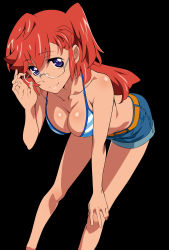 Rule 34 | 10s, 1girl, absurdres, adjusting eyewear, ano natsu de matteru, arm support, bare legs, bare shoulders, belt, bent over, bikini, bikini top only, black background, blue eyes, body blush, breasts, cleavage, collarbone, female focus, glasses, hair between eyes, halterneck, hand on own knee, highres, hiyamizu yukie, leaning forward, legs, long hair, long image, looking at viewer, no shirt, official art, outstretched arm, red hair, shade, shadow, shiny skin, short shorts, shorts, side ponytail, simple background, smile, solo, standing, striped bikini, striped clothes, swimsuit, takatsuki ichika, tall image, vector trace