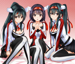 Rule 34 | 3girls, azur lane, belt, between legs, black hair, black legwear, black skirt, blush, breasts, brown eyes, character request, closed mouth, commentary request, hair between eyes, hand between legs, headband, highres, kantai collection, knees together feet apart, large breasts, long hair, long sleeves, looking at viewer, looking away, multiple girls, own hands together, pleated skirt, ponytail, short hair, side ponytail, sitting, skirt, smile, suzuki-shi, thighhighs, wariza
