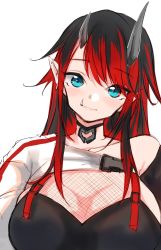 Rule 34 | 1girl, bikini, black bikini, black hair, blue eyes, blush, breasts, closed mouth, commentary request, compression sleeve, demon girl, demon horns, earrings, eyes visible through hair, fishnet top, fishnets, highres, horns, jacket, jewelry, large breasts, long hair, looking at viewer, multicolored hair, nanashi inc., natsuki (pixiv), official alternate costume, pointy ears, red hair, ryugasaki rene, ryugasaki rene (2nd costume), shrug (clothing), simple background, single sleeve, smile, solo, striped clothes, striped jacket, sugar lyric, swimsuit, two-tone hair, upper body, virtual youtuber, white background, white jacket