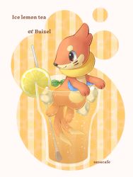 Rule 34 | air bubble, artist name, brown eyes, bubble, buizel, character name, closed mouth, commentary request, creatures (company), cup, food, fruit, game freak, gen 4 pokemon, in container, in cup, leaf, lemon, lemon slice, looking to the side, nintendo, pokemon, pokemon (creature), sasabunecafe, smile, stirring rod, tea