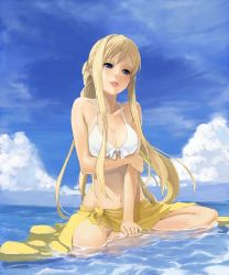 Rule 34 | 00s, 1girl, alicia florence, aria (manga), arm support, bare shoulders, barefoot, bikini, blonde hair, blue eyes, breasts, cleavage, cloud, day, front-tie top, hands on feet, highres, kneeling, kuroko (piii), large breasts, lips, long hair, navel, ocean, outdoors, partially submerged, sarong, sitting, sky, solo, swimsuit, water, white bikini