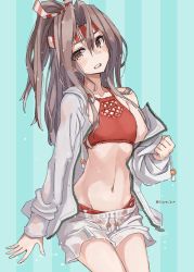 Rule 34 | 1girl, alternate costume, bare shoulders, bikini, blush, breasts, brown eyes, brown hair, hachimaki, headband, high ponytail, highres, jacket, kantai collection, long hair, looking at viewer, midriff, navel, red bikini, shorts, small breasts, solo, sugue tettou, swimsuit, twitter username, white jacket, white shorts, zuihou (kancolle)