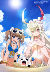 Rule 34 | &gt; &lt;, 10s, 2girls, absurdres, ahoge, all fours, animal ears, ass, bangle, barefoot, beach, blue one-piece swimsuit, blue sky, blush, bracelet, breasts, brown footwear, choko (last period), cleavage, cloud, creature, day, dress swimsuit, eyewear on head, hair between eyes, hair ornament, hair ribbon, hair scrunchie, highres, jewelry, knees together feet apart, large breasts, last period, lens flare, light brown hair, lisa (last period), long hair, looking at another, magazine scan, megami magazine, miu (last period), multiple girls, official art, one-piece swimsuit, open mouth, outdoors, platinum blonde hair, poking, print ribbon, print swimsuit, purple eyes, rabbit ears, ribbon, sakamoto tetsuya, sandals, scan, scrunchie, sky, smile, squatting, sun, sunglasses, swimsuit, tongue, twintails, very long hair, white-framed eyewear, white one-piece swimsuit, white ribbon, white scrunchie, yellow bracelet