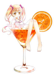 Rule 34 | 1girl, 54hao, bare arms, bare legs, barefoot, blonde hair, closed mouth, cocktail, cocktail glass, cup, dress, drinking glass, food, fruit, hair between eyes, highres, ice, in container, in cup, index finger raised, knees together feet apart, long hair, long legs, looking at viewer, orange (fruit), orange slice, original, partially submerged, short dress, simple background, sitting, sleeveless, sleeveless dress, smile, solo, toes, twintails, wavy hair, white background, white dress, yellow eyes