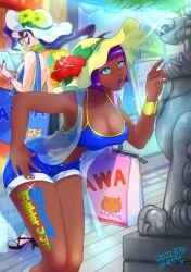 Rule 34 | 2girls, absurdres, backless outfit, bag, bangle, bent over, blue camisole, blue shorts, blunt bangs, bob cut, body writing, bracelet, breasts, camisole, casual, cleavage, commentary request, dark-skinned female, dark skin, day, eyeshadow, flower, green eyes, hand on own hip, hat, hat flower, hibiscus, highres, jewelry, large breasts, legs together, long hair, makeup, menat, midriff, misodiru, multicolored nails, multiple girls, nail polish, no bra, nose, pink nails, pointing, purple eyeshadow, purple hair, purple lips, rose (street fighter), scarf, see-through, short hair, short shorts, shorts, solo focus, spaghetti strap, standing, statue, street fighter, street fighter v, sun hat, tote bag, vacation, yellow headwear, yellow nails, yellow scarf