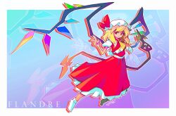 Rule 34 | 1girl, alternate hairstyle, back bow, blue background, border, bow, character name, closed mouth, flandre scarlet, full body, gradient background, hat, laevatein (touhou), light smile, long hair, looking at viewer, mob cap, multicolored wings, no shoes, puffy short sleeves, puffy sleeves, purple background, red eyes, red skirt, red vest, shirt, short sleeves, skirt, socks, solo, tomycase, touhou, v, vest, white border, white bow, white hat, white shirt, white socks, wings