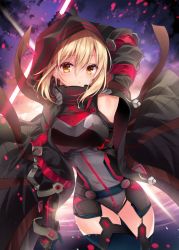 Rule 34 | 1girl, armor, armpits, artoria pendragon (fate), backlighting, black gloves, black jacket, black thighhighs, blonde hair, breasts, fate/grand order, fate (series), gloves, gradient sky, holding, holding sword, holding weapon, hood, hooded jacket, jacket, long sleeves, medium breasts, mysterious heroine x alter (fate), mysterious heroine x alter (third ascension) (fate), nogi takayoshi, open clothes, open jacket, orange eyes, sky, sleeveless, solo, standing, sword, thighhighs, weapon