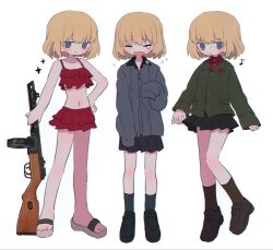 Rule 34 | 1girl, alternate costume, bikini, black footwear, black skirt, blonde hair, blue eyes, blush, closed mouth, fang, girls und panzer, gun, highres, holding, holding gun, holding weapon, katyusha (girls und panzer), long sleeves, looking at viewer, navel, open mouth, pleated skirt, red bikini, ri (qrcode), short hair, simple background, skirt, sleeves past wrists, socks, solo, sweat, swimsuit, weapon, white background