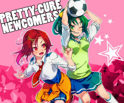Rule 34 | 10s, 2girls, ball, clothes around waist, eyelashes, green eyes, green hair, hair ornament, hairclip, hino akane (smile precure!), midorikawa nao, multiple girls, necktie, neue takuya, pink background, ponytail, precure, red eyes, red hair, school uniform, shirt, shirt around waist, short hair, skirt, sleeves rolled up, smile, smile precure!, soccer ball, sweater, sweater around waist, telstar