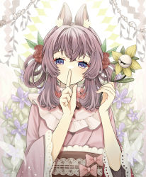 Rule 34 | 1girl, animal ear fluff, animal ears, blue eyes, bow, brown ribbon, brown sash, bug, butterfly, closed eyes, covered mouth, crossed bangs, disembodied eye, finger to mouth, floral background, flower, flower trim, hair between eyes, hair flower, hair ornament, hair rings, highres, holding, holding flower, insect, japanese clothes, kimono, lace-trimmed sleeves, lace trim, looking at viewer, medium hair, neck ribbon, obi, original, pink background, pink bow, pink kimono, plant, polka dot, polka dot background, purple flower, purple hair, rabbit ears, red flower, ribbon, sash, shushing, sidelocks, solo, striped, striped bow, upper body, vines, wonwon owo v, yellow flower