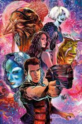 Rule 34 | 3boys, 3girls, aeyrin sun, aiming, artist name, brown hair, character request, colored skin, comic cover, cover, facing viewer, farscape, green skin, gun, highres, holding, holding gun, holding weapon, looking at viewer, male focus, multiple boys, multiple girls, planet, vinartwork, weapon, western comics (style), white hair
