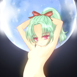 Rule 34 | 1990s (style), 1girl, armpits, arms up, censored, earrings, female focus, final fantasy, final fantasy vi, full moon, green hair, inasa orange, jewelry, long hair, lowres, moon, nude, outdoors, ponytail, red eyes, red ribbon, ribbon, sky, solo, tina branford