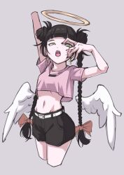 Rule 34 | 1girl, angel, angel wings, arm up, bare arms, belt, black nails, black shorts, blunt bangs, bow, braid, cropped arm, cropped legs, cropped shirt, cross, cross earrings, detached wings, double bun, earrings, gaako illust, green eyes, grey background, groin, hair bow, hair bun, halo, hand up, highres, jewelry, long hair, looking at viewer, midriff, nail polish, original, red bow, shirt, shirt overhang, short sleeves, shorts, simple background, solo, t-shirt, twin braids, twintails, very long hair, white wings, wings