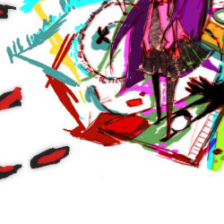 Rule 34 | 00s, 1girl, abstract, bakemonogatari, colorful, long hair, lowres, monogatari (series), necktie, purple hair, school uniform, senjougahara hitagi, shadow, shichi kagi, skirt, solo, surreal, thighhighs