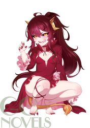 Rule 34 | 1girl, absurdres, ahoge, bare legs, black sclera, blush, breasts, choker, christina (tanaka the wizard), colored sclera, curled fingers, dark red hair, dragon girl, dress, dress flower, fingernails, frilled dress, frilled sleeves, frills, hair ornament, hairclip, highres, leg ribbon, licking lips, lion tail, long hair, m-da s-tarou, nail polish, official art, ponytail, red dress, ribbon, ringed eyes, sharp fingernails, sharp teeth, sharp toenails, simple background, small breasts, solo, squatting, tail, tanaka the wizard, teeth, toenail polish, toenails, tongue, tongue out, v-shaped eyebrows, white background, wide sleeves, yellow eyes