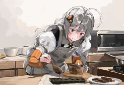 Rule 34 | 1girl, ahoge, apron, black dress, blush, braid, brown gloves, chocolate, closed mouth, collared shirt, commentary request, dress, elbow gloves, fingerless gloves, gloves, grey apron, grey hair, hair between eyes, hair ornament, indoors, kizuna akari, lamb (hitsujiniku), long hair, low twintails, microwave, plate, puffy short sleeves, puffy sleeves, purple eyes, shirt, short sleeves, sleeveless, sleeveless dress, solo, striped clothes, striped gloves, sweat, twin braids, twintails, upper body, valentine, vertical-striped clothes, vertical-striped gloves, very long hair, voiceroid, white shirt