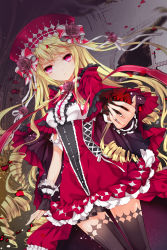 Rule 34 | 1girl, black thighhighs, blonde hair, bow, character request, cinia pacifica, dress, fingerless gloves, flower, frills, gloves, hat, juna, long hair, long sleeves, looking at viewer, pink eyes, red dress, red eyes, red hat, rose, solo, standing, sword girls, thighhighs, tsurime, very long hair, zettai ryouiki