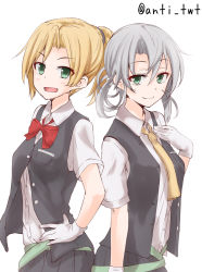 Rule 34 | 10s, 2girls, anti (untea9), asymmetrical hair, blonde hair, bow, bowtie, collared shirt, flipped hair, gloves, green eyes, grey skirt, hair between eyes, hand on own chest, hands on own hips, kantai collection, looking at viewer, maikaze (kancolle), multiple girls, necktie, nowaki (kancolle), pleated skirt, ponytail, red bow, school uniform, shirt, silver hair, simple background, skirt, smile, swept bangs, upper body, vest, white background, white gloves, yellow necktie