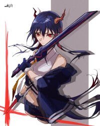 Rule 34 | 1girl, absurdres, arknights, bare shoulders, blue gloves, blue hair, blue jacket, blue shorts, breasts, ch&#039;en (arknights), closed mouth, collared shirt, crop top, cropped legs, dragon girl, dragon horns, dragon tail, dress shirt, gloves, grey background, hair between eyes, harukan tiusu, highres, holding, holding sword, holding weapon, horns, jacket, long sleeves, midriff, navel, neckerchief, off shoulder, open clothes, open jacket, puffy long sleeves, puffy sleeves, red eyes, shirt, short shorts, shorts, sleeveless, sleeveless shirt, small breasts, solo, sword, tail, two-tone background, weapon, white background, white shirt, yellow neckerchief
