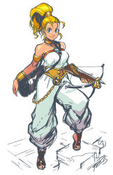 Rule 34 | 1990s (style), 1girl, armlet, bad id, bad tumblr id, baggy pants, belt, between breasts, blonde hair, blue eyes, bow (weapon), bracer, breasts, choker, chrono (series), chrono trigger, crossbow, full body, gem, high ponytail, jewelry, marle (chrono trigger), necklace, pants, ponytail, quiver, retro artstyle, robaato, sandals, simple background, solo, standing, strap between breasts, strapless, toes, weapon