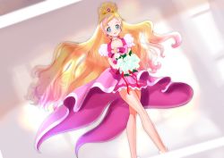 Rule 34 | 1girl, blonde hair, blue eyes, bouquet, collarbone, cure flora, dutch angle, earrings, floating hair, flower, frilled skirt, frills, go! princess precure, hair ornament, haruno haruka, highres, holding, holding bouquet, jewelry, long hair, looking at viewer, magical girl, miniskirt, mitaka, multicolored hair, necklace, open mouth, parted bangs, pink skirt, precure, short sleeves, skirt, solo, standing, streaked hair, very long hair, white flower