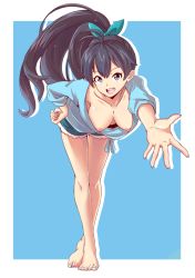 Rule 34 | 10s, 1girl, :d, aqua nails, barefoot, bent over, black hair, blue background, blue eyes, bow, breasts, crossed legs, denim, denim shorts, downblouse, egooo, extended downblouse, fang, feet, ganaha hibiki, hair bow, hand on own hip, hanging breasts, idolmaster, idolmaster (classic), legs, long hair, nail polish, nipple slip, nipples, no bra, open mouth, outstretched hand, ponytail, shorts, smile, solo, standing, toenail polish, toenails, toes, very long hair
