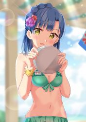 Rule 34 | 1girl, bare shoulders, beach, bikini, blue hair, blue sky, blurry, blurry background, blush, braid, breasts, bush, ceiling, character name, cleavage, cloud, day, flower, front-tie bikini top, front-tie top, green bikini, hair flower, hair ornament, hands up, highres, holding, holding tray, horizon, idolmaster, idolmaster million live!, idolmaster million live! theater days, kooribata, lens flare, light particles, looking at viewer, name tag, nanao yuriko, navel, ocean, open mouth, outdoors, pillar, purple flower, rainbow gradient, red flower, scrunchie, short hair, sky, small breasts, smile, solo, sunlight, swimsuit, tktk135, tray, upper body, wrist scrunchie, yellow eyes, yellow scrunchie