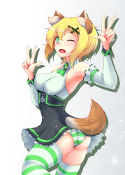 Rule 34 | 1girl, absurdres, aimo (aimo1214), akatsuki kirika, animal ears, ass, bare shoulders, blonde hair, blush, breasts, commentary request, detached sleeves, dog ears, dog tail, double v, dress, from behind, green eyes, hair ornament, highres, looking at viewer, looking back, medium breasts, one eye closed, open mouth, panties, senki zesshou symphogear, shiny skin, short hair, sleeveless, solo, standing, striped clothes, striped panties, striped thighhighs, tail, thighhighs, underwear, v, x hair ornament