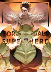 Rule 34 | 2boys, antennae, black hair, colored skin, dragon ball, dragon ball super, dragon ball super super hero, fangs, glasses, green skin, highres, male focus, multiple boys, open mouth, piccolo, pointy ears, s 3u, serious, shoulder pads, son gohan