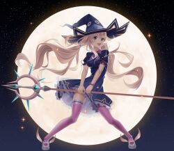 Rule 34 | 1girl, absurdres, blonde hair, blue dress, blue hat, cerulea-blue, commentary, dress, full body, green eyes, hat, highres, holding, holding staff, huge moon, long hair, magical girl, moon, original, purple thighhighs, sky, solo, staff, star (sky), starry sky, teeth, thighhighs, thighs, twintails, upper teeth only, winged footwear, witch hat