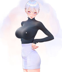 Rule 34 | 1girl, absurdres, black sweater, bra visible through clothes, breasts, cursor, high-waist skirt, highres, large breasts, looking at viewer, miniskirt, office lady, original, pink eyes, ribbed sweater, short hair, skirt, smile, sweater, turtleneck, turtleneck sweater, white hair, white skirt, wonbin lee