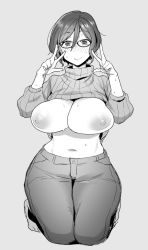 Rule 34 | 1girl, bad id, bad twitter id, barefoot, blush, bow, breasts, breasts out, cleavage, clothes lift, denim, double w, glasses, greyscale, hair bow, jeans, kneeling, large breasts, looking at viewer, monochrome, navel, nipples, original, pants, short hair, smile, solo, sweat, sweater, sweater lift, turtleneck, turtleneck sweater, w, yoshiragi