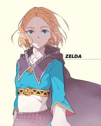 Rule 34 | 1girl, blonde hair, blue eyes, braid, breasts, cape, character name, closed mouth, commentary, facing viewer, hair ornament, hood, hood down, kaitara deru, long sleeves, looking at viewer, medium breasts, nintendo, parted bangs, pointy ears, princess zelda, shaded face, short hair, simple background, smile, solo, standing, the legend of zelda, the legend of zelda: breath of the wild, the legend of zelda: tears of the kingdom, upper body, white background
