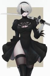 Rule 34 | 1girl, artist name, black dress, blindfold, boots, breasts, cleavage, cleavage cutout, clothing cutout, commentary, dress, feather trim, gloves, hair ornament, hairband, highres, katana, lips, long sleeves, medium breasts, mole, mole under mouth, nier:automata, nier (series), over shoulder, puffy sleeves, ryumikooo, short hair, signature, simple background, sword, thigh boots, thighhighs, thighs, turtleneck, weapon, weapon over shoulder, white hair, 2b (nier:automata)