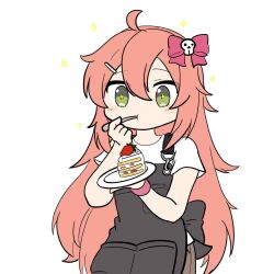 Rule 34 | 1girl, ahoge, apron, black apron, bow, breast pocket, cake, closed mouth, commentary, counter:side, cowboy shot, eating, food, fruit, green eyes, hair between eyes, hair bow, hair flaps, hair ornament, hairclip, holding, holding plate, holding spoon, jamla, long hair, looking at food, pink hair, pink wristband, plate, pocket, red bow, shirt, short sleeves, simple background, skull hair ornament, solo, sparkle, sparkling eyes, spoon, strawberry, strawberry shortcake, utensil in mouth, white background, white shirt, wristband, yuna springfield