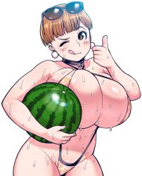 Rule 34 | 1girl, arm up, ass, bad id, bad pixiv id, black-framed eyewear, blush, breasts, brown eyes, brown hair, cleavage, colorized, elf-san wa yaserarenai., glasses, highres, huge breasts, ino akiho, looking at viewer, navel, one eye closed, raised eyebrows, short hair, sideboob, simple background, slingshot swimsuit, smile, solo, standing, sweat, swimsuit, synecdoche, thick thighs, thighs, toned, white background, wink