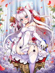 Rule 34 | 1girl, alternate costume, american flag, american flag print, animal ear fluff, animal ears, armchair, azur lane, bare shoulders, blue eyes, blush, bow, bow panties, breasts, cat ears, cat girl, cat tail, chair, commentary request, crown, dress, elbow gloves, fang, feet, flag print, flower, garter belt, gloves, hair between eyes, hair bow, hair flower, hair ornament, hair ribbon, hammann (azur lane), hand on own cheek, hand on own face, head tilt, kemonomimi mode, leg up, long hair, looking at viewer, medium breasts, mini crown, no shoes, open mouth, panties, pink ribbon, ratise, red bow, red flower, red rose, ribbon, rose, silver hair, sitting, soles, solo, strapless, strapless dress, tail, tail raised, thighhighs, two side up, underwear, very long hair, white bow, white dress, white flower, white gloves, white panties, white rose, white thighhighs