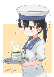 Rule 34 | 1girl, absurdres, black hair, blue collar, blue sailor collar, collar, cup, dated, dress, fyuo, hat, highres, kantai collection, one-hour drawing challenge, purple eyes, sailor collar, sailor dress, sailor hat, short hair, short sleeves, shounan (kancolle), signature, solo, tray, twintails, white dress, white hat, yunomi