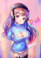 Rule 34 | 1girl, absurdres, adapted costume, animal ear legwear, arms behind back, bad id, bad pixiv id, black thighhighs, blue sweater, breasts, brown eyes, brown hair, character name, cleavage, cleavage cutout, clothing cutout, cowboy shot, d.va (overwatch), facepaint, facial mark, headphones, highres, impossible clothes, large breasts, long hair, long sleeves, looking at viewer, mao ge, meme attire, no bra, open-chest sweater, overwatch, overwatch 1, panties, rabbit ear legwear, ribbed sweater, smile, solo, sweater, thighhighs, turtleneck, underwear, very long hair, whisker markings, white panties